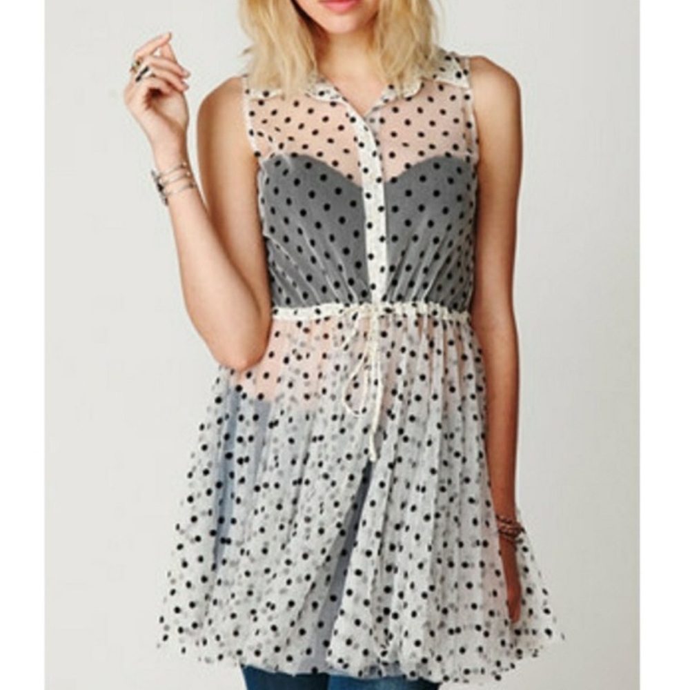 Free People • Flock Dot House Slip Sheer Layer Boho Size S Polka Dot - Picture 2 of 8